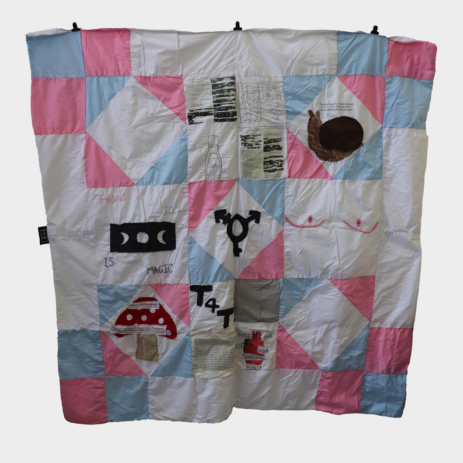 A square quilt that uses the colours white, pink and blue. It is hard to make out all the details of the quilt in this image, but a snail, mushroom, the trans symbol, top surgery scars and the phrase trans joy is magic are visible.