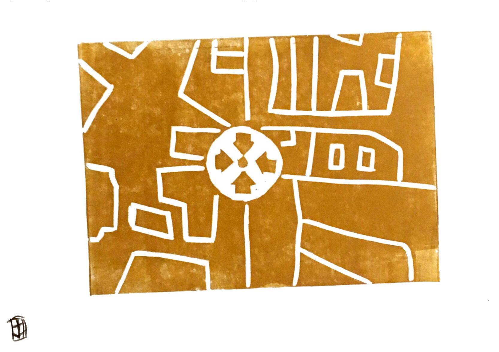 A ochre yellow print of a map. In the middle is a circle with four arrows, as a you are here symbol.