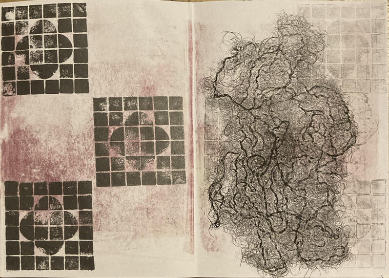 Excerpt from Who's A Good Dog? Two zine pages. The left page features a rough red tinted background with silver tiles printed over. The right page features a black print of hair, with faint prints of the tiles under.